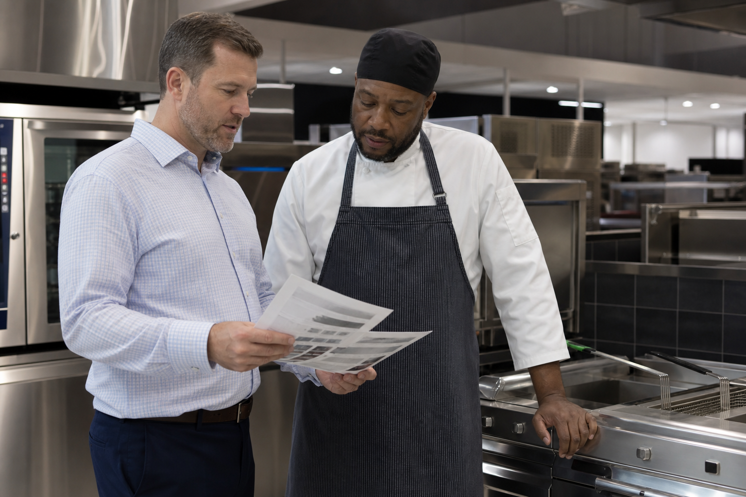 Specialist reviewing equipment options with a chef
