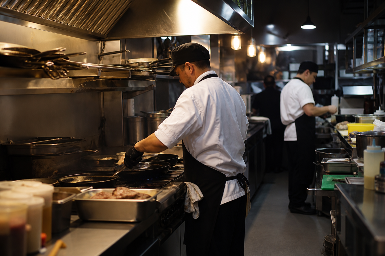 Commercial kitchen cookline during service